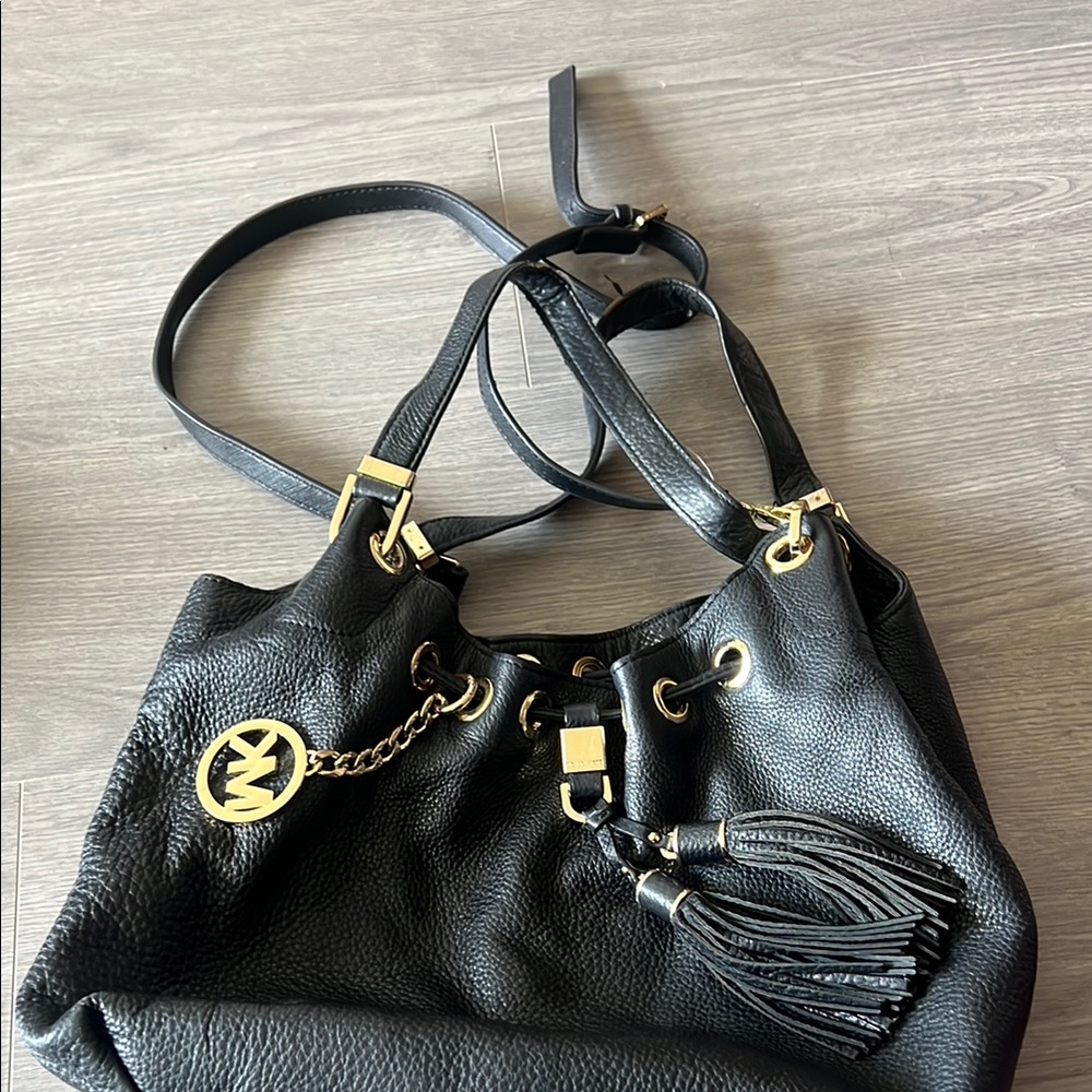 Michael Kors Black Leather Drawstring Bucket Bag with Tassel